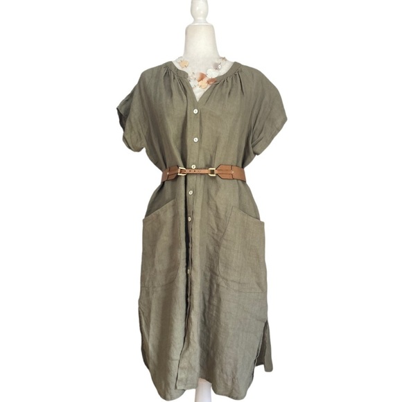 Kyla Seo Bohemian 100% Linen Tunic Dress XXL in Khaki Green - Picture 7 of 10